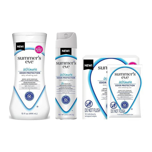 Summer’s Eve Ultimate Odor Protection Feminine Care Set, Wash, Wipes & Freshening Spray, with Boric Acid Complex, pH Balanced, 15 Ounce Wash, 12 Count Wipes, 2 Ounce Spray (Variety Pack of 3)