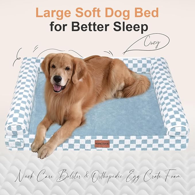 Orthopedic Dog Bed for Large Dogs, 38 x 25 Inch, Blue Grid | Egg crate foam for joint support, 3-sided bolster pet sofa, waterproof lining, washable cover, and non-skid base