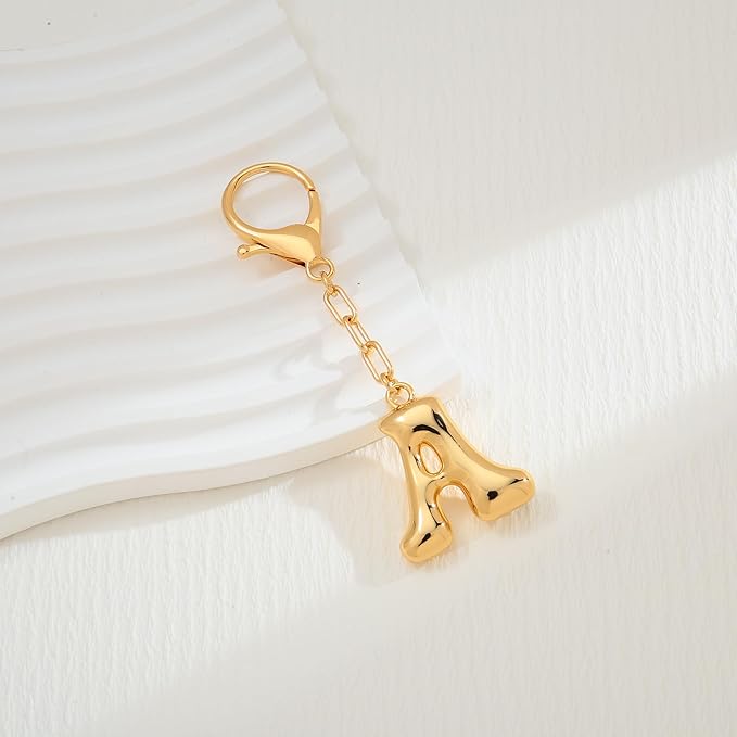 WOWORAMA Initial Letter Keychain for Women Chunky Gold Bubble Letter Bag Charm Purse Charm Personalized Keyrings Accessories