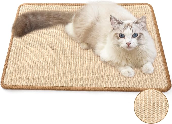 FUKUMARU Cat Scratcher Mat, 23.6 X 15.7 Inch Natural Sisal Cat Scratch Mat | Horizontal Cat Scratching Pad Mat Floor Rug with Sticky Tapes, Cat Wall Scratcher for Indoor Cats, Protect Couch and Carpet