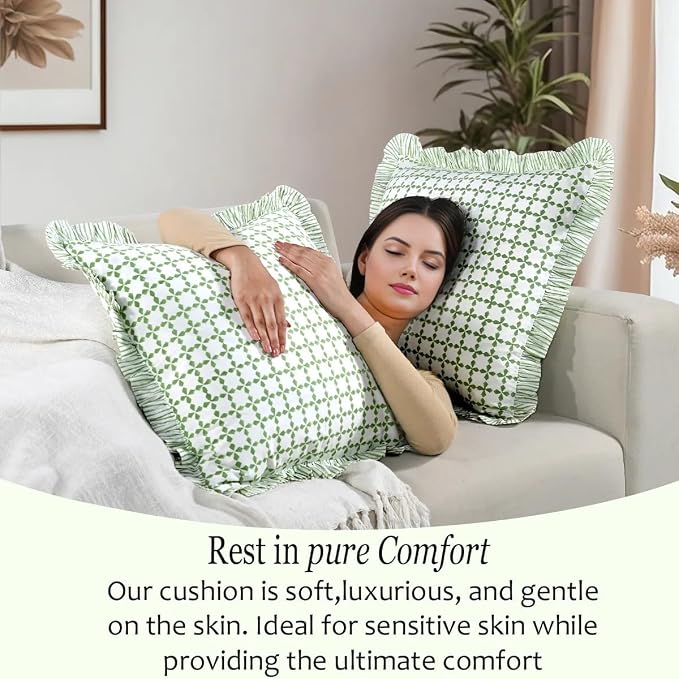 CPC Kelly Green Hand Block Print 100% Cotton Ruffle Throw Pillow Cover 24x24 inch with Hidden Zipper Decorative for Couch, Bed, Sofa, Farmhouse, Cottagecore Decor Gift Christmas Fall Thanksgiving