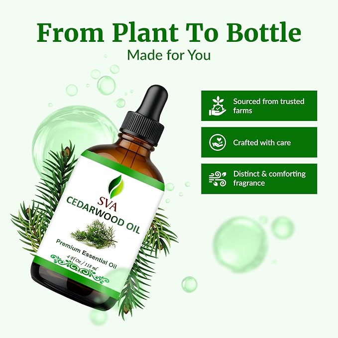 SVA Cedarwood Essential Oil 4 Fl Oz – for Diffuser, Skin & Hair Care – Ideal for Massage & DIY Blends - with Dropper