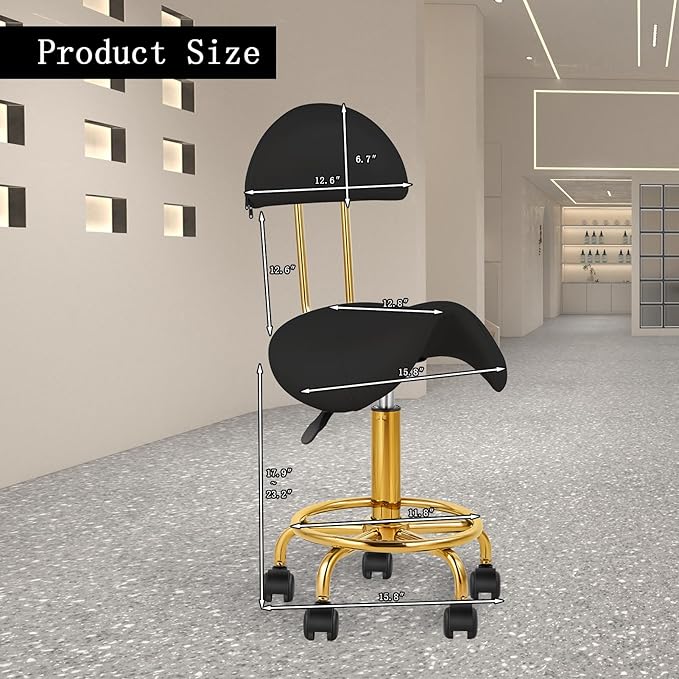 Saddle Chair Rolling Ergonomic Swivel Chair with Soft Comfortable Cushion and Wheels Hydraulic Adjustable Stool for Home Office Dental Tattoo Salon Shop Use with Backrest (BlackGold)