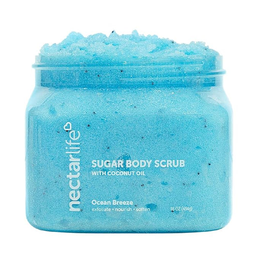 Nectar Life Exfoliating Sugar Scrub, Moisturizing Body Scrub with Coconut Oil & Shea Butter, Pre Shave Exfoliator (16 Ounce, Ocean Breeze)