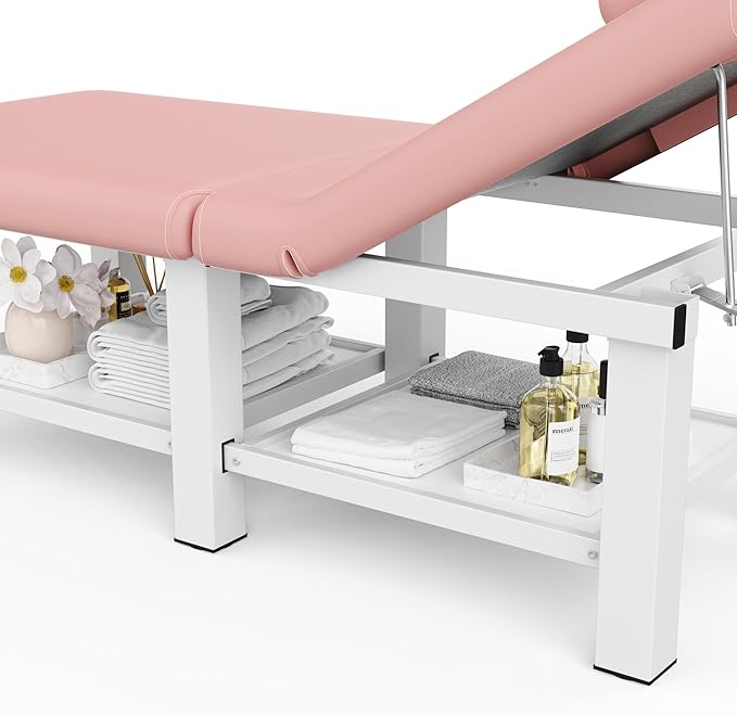 30.5'' Wide × 75'' Long Folding Stationary Massage Table with Backrest and Storage Space for Treatment Table Physical Therapy Table Spa Facial Bed, 6 Square legs, Metal Frame PU Leather - Pink