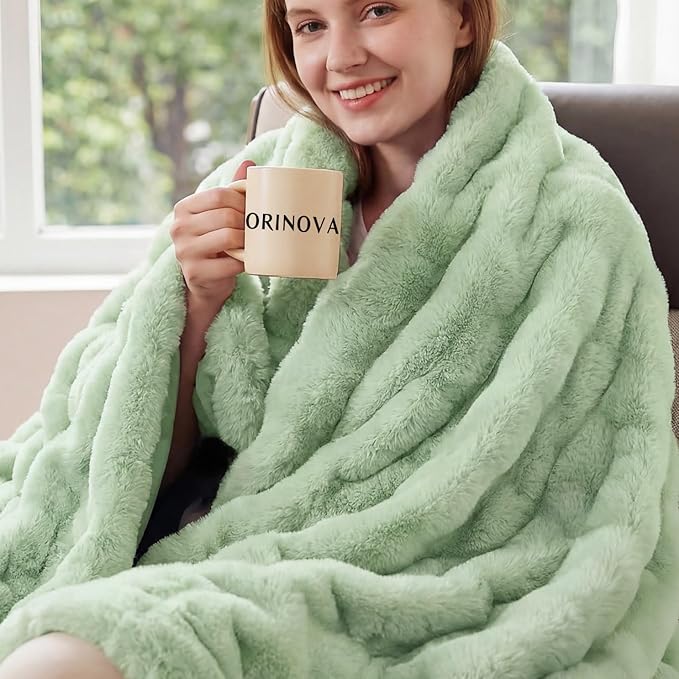 ORINOVA Sage Green Throw Blanket for Couch, 50x60 Ultra Soft Faux Rabbit Fur, Fuzzy Fluffy Plush Bubble Texture, Cozy Warm Reversible Sofa and Bed Cover, Living Room Decor, Gifts for Women