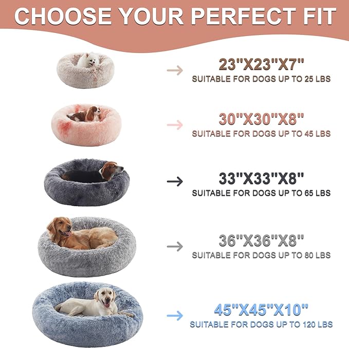 45 in Faux Fur Fluffy Donut Dog Bed for Extra Large Dogs,Dark Grey | Calming Plush Round Jumbo Pet Bed with Removable & Washable Cover,Fits up to 120 lbs Pets