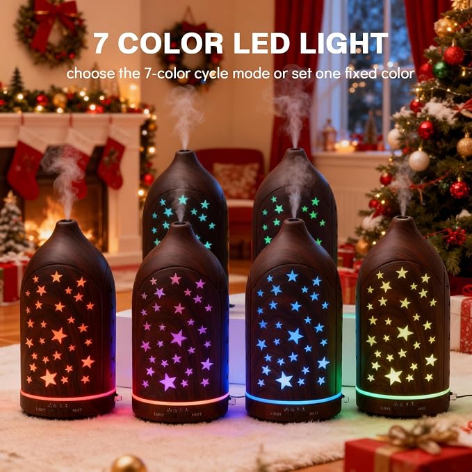 Aromatherapy Diffusers,7.1''x3.5''Diffuser with 3 Essential Oil Set | 200ml Office Desk Humidifier with 7 LED Colors Night Lights,Automatic Shut-off for Small Space Home Decor Gift(Star)