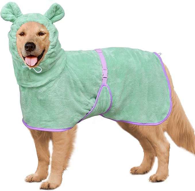 Dog Bathrobe Super Absorbent Towel Robe - Microfiber Bath Towels Fast Drying Coat for Dogs, Cute Dogs Clothes Adjustable Collar & Belly Strap Warm Keeping Hooded Dog Towel (Light Green, XX-Large)