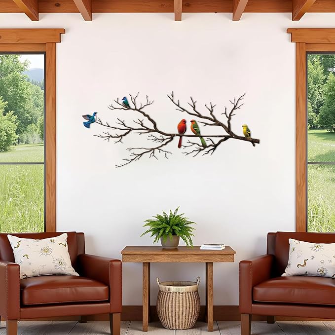 ESTART Metal Birds Wall Art, Metal Vivid Birds on Branch Silhouette Wall Decor Black Leaves with Bird Outdoor Hanging Wall Sculpture for Home Balcony Garden (Vintage Color, Small)