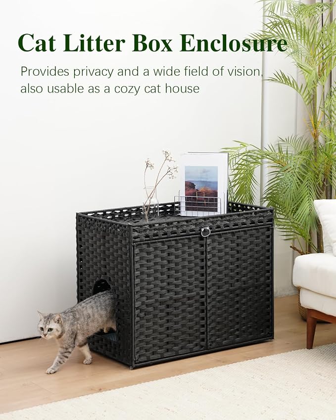 SETVSON Cat Litter Box Enclosure Furniture, Hidden PE Rattan, Black | Large Double-Door PE Rattan Kitty House, Fits Large Covered Litter Boxes, 2 Litter Mats, 2 S-Hooks, Metal Frame