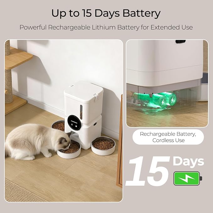 Automatic Cat Feeder for 3 Cats, 6L 5G WiFi Feeder, Slow Feed, Warm White | 3-bowl system with app scheduling, 15-day battery backup, stainless steel bowls, and sealed freshness protection.