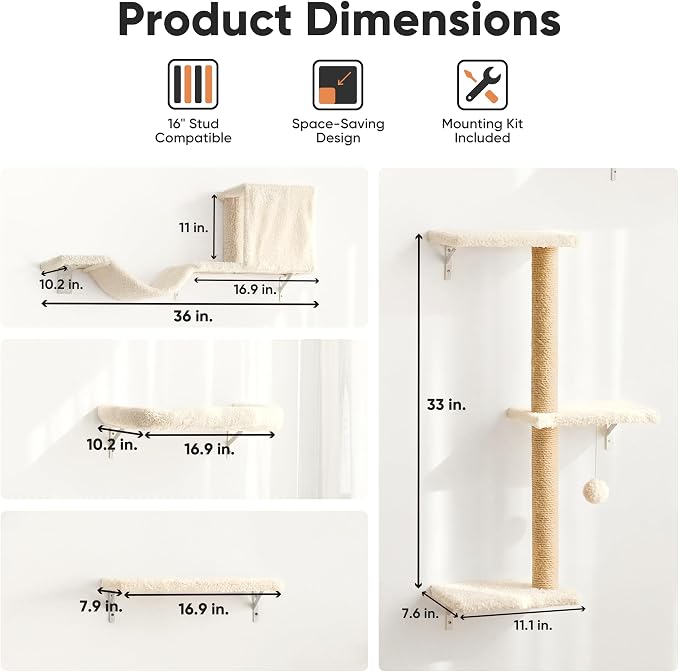 FUKUMARU Cat Wall Shelves, 4 in 1 Set, Beige | Stable & Safe Cat Walls Furniture, Wooden Kitten Climbing Wall with Scratching Post for 16 Inch Drywall
