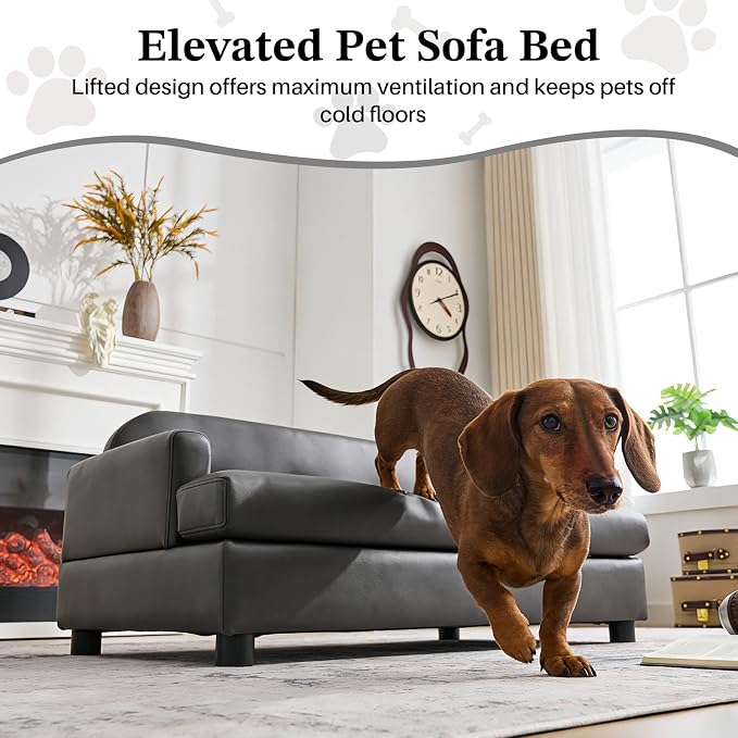 Luxury Dog Sofa Bed Elevated Pet Couch with Durable Waterproof Leather | Dog Couch with Orthopedic Sponge, Modern Furniture Style Dog Lounge & Pet Bedside Step, for Medium/Large Dogs, Gray