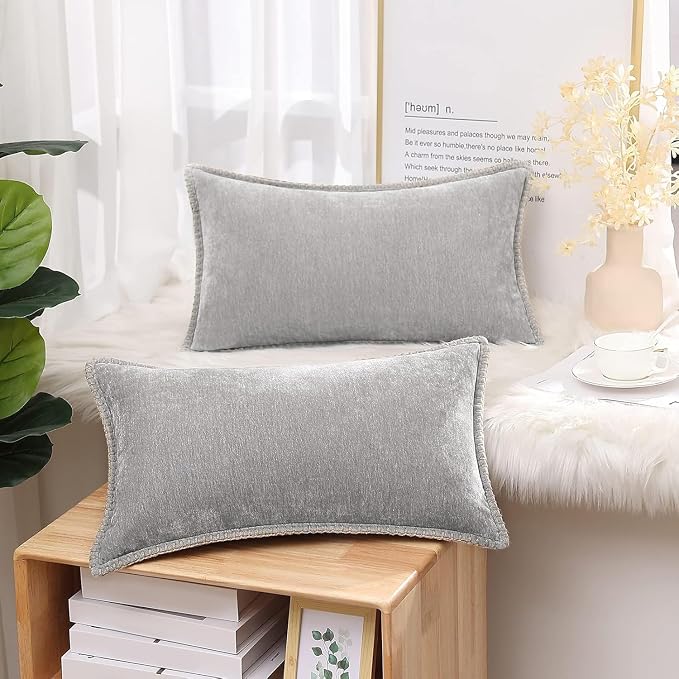 decorUhome Soft Chenille Throw Pillow Covers 12x20 Set of 2 Neutral Gray | Fall Textured Decorative Throw Pillow Cases Stitched Edge Modern Farmhouse Luxury Boho Velvet for Couch Sofa Bed Home Decor