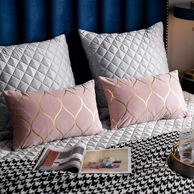 Gold Velvet Throw Pillow Covers: 2 Pack 12x20 Inch Rectangular Decorative Pillow Cases for Bedroom Sofa Couch Living Room, Pink