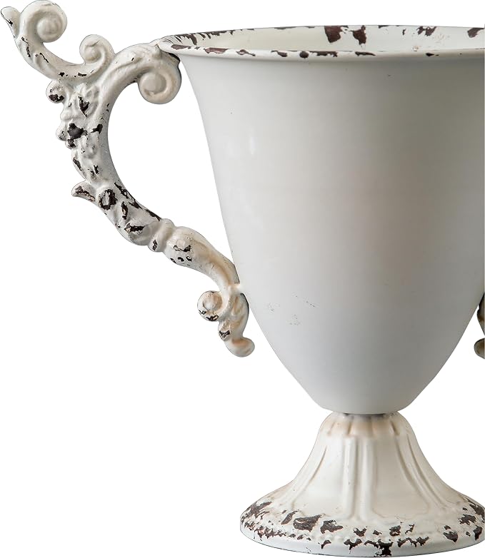 SOFE Shabby Chic White Urn Vases for Table, Small Metal Flower Vase 8" H | Distressed White Design, Lightweight, Suit for Holding Fresh Flowers, Dried Arrangements, Weddings, Housewarming Parties