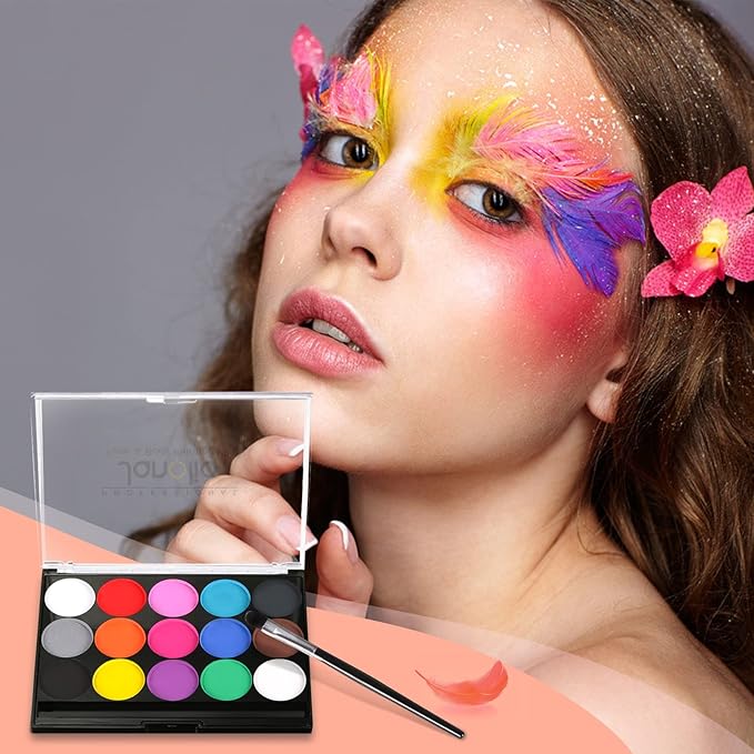Janolia Face Painting Kit for Kids, 15 Colors Face Paint Palette, Water Activated Face Paint, Body Paint Makeup for Halloween Carnival Easter Theme Party, Ideal Facepaint Makeup Kit for Kids