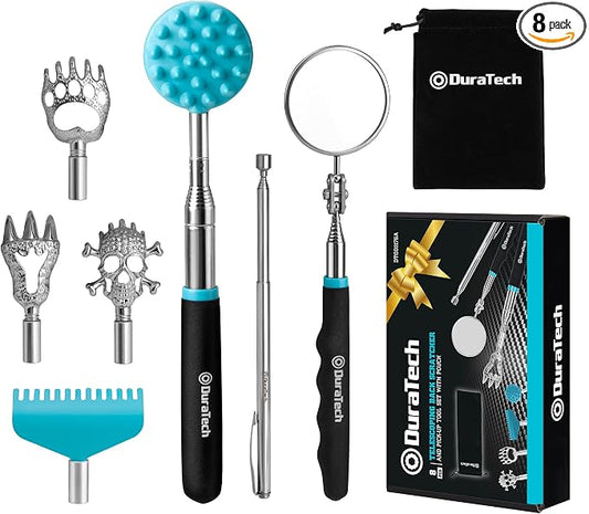 DURATECH Telescoping Back Scratcher and Pick-Up Tool Set with Pouch | Telescoping Back Scratcher Set with 5 Interchangeable Heads, 2 lb Magnetic Pickup Tool and Inspection Mirror, Extendable Use