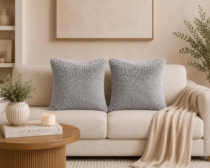 REAFORT Long Hair Faux Fur Euro Sham Cover 26"x26", Hidden Zipper (Grey) | Ultra-soft plush faux fur with a hidden zipper adds luxurious comfort and is machine washable for easy care.