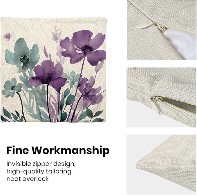 Spring Floral Pillow Covers 18x18 Inches Set of 2 Blue Purple Floral Throw Pillow Cover Outdoor Rustic Summer Flower Decoration Pillowcase Farmhouse Decorative Cushion Cover For Home Sofa Couch