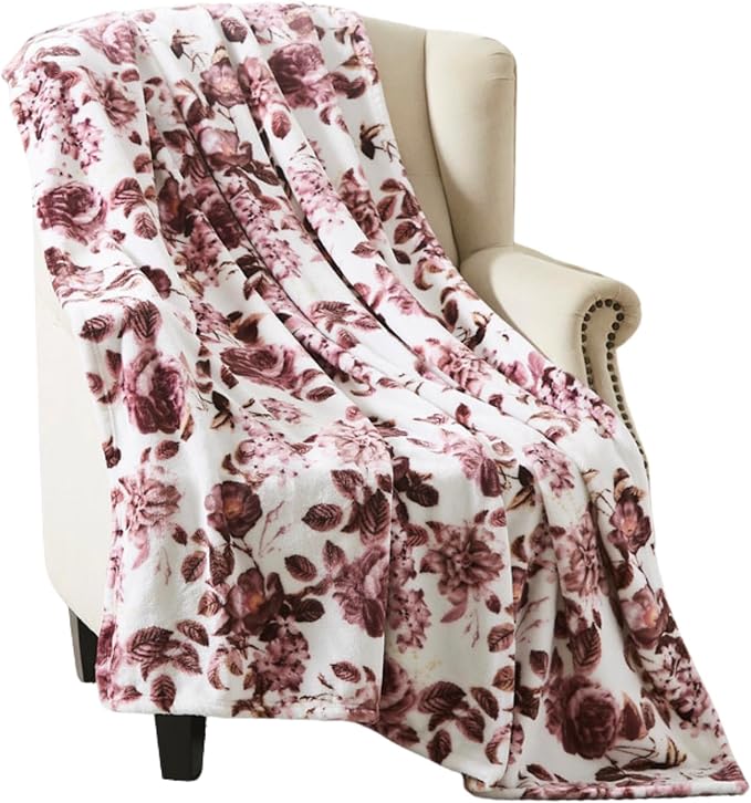 Floral Fleece Throw Blankets: Soft Plush Flower Garden Accent for Sofa Couch, Blush Pink Blue Purple Burgundy White