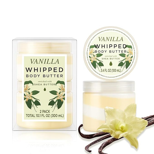 Princess Belle Vanilla Whipped Shea Body Butter, Body Moisturizer for Dry Skin, Body Care for Skin, Smell Goods for Women, Vanilla Gift Set-2 Pack (3.4floz + 6.8 floz)
