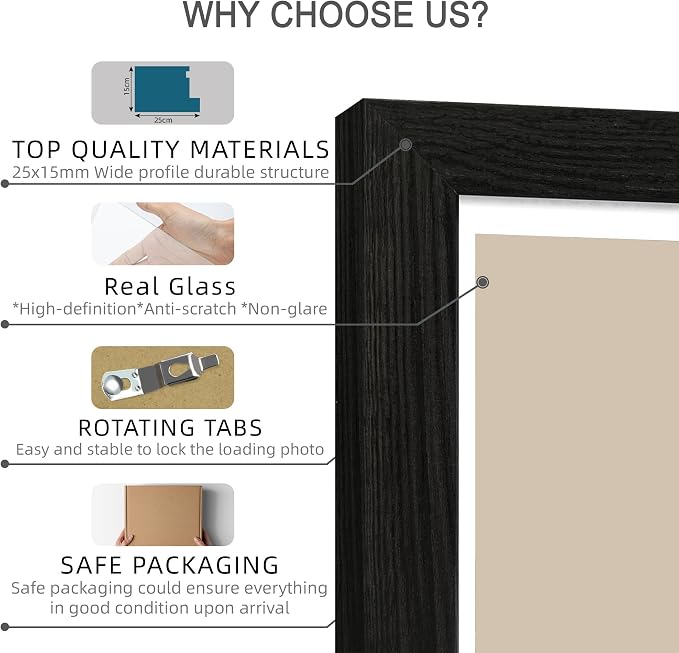 Hongkee 11x14 Picture Frame Set of 4, Made of Real Glass and Rustic Black Wooden Frame, Display 8x10 Pictures with Mat or 11 x 14 Posters without Mat for Wall Mounting, Gallery Photo Frames
