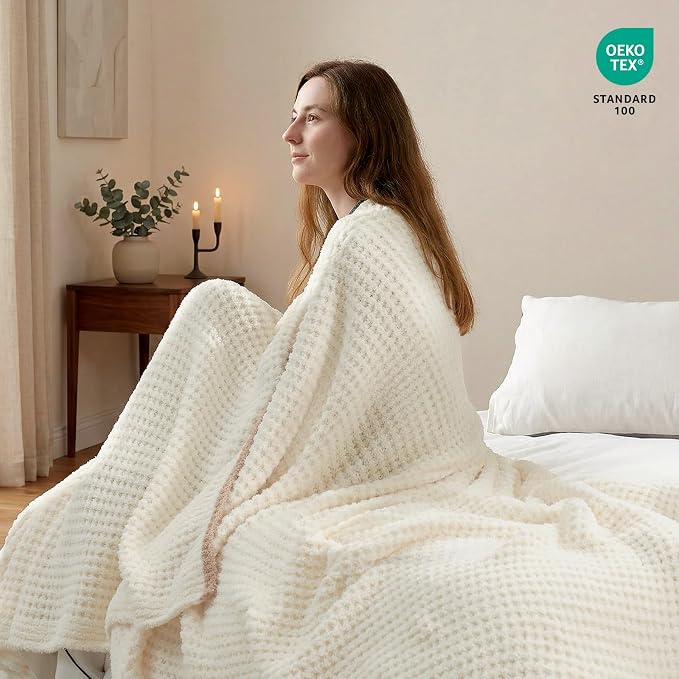 Snuggle Sac Cream Waffle Throw Blanket for Couch Bed Sofa 60x80 inches, Reversible Cream Blanket Microfiber Fluffy Fuzzy Cozy Knit Twin Blanket for Women Mothers Birthday Gifts