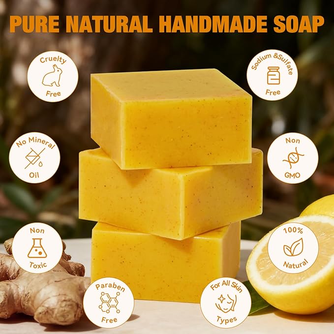 Turmeric Soap For Dark Spot - Kojic Acid Soap Bar with Vitamin C for Face & Body, Natural Ingredients Handmade Soaps for Brightening & Moisturizing, 3 Bars