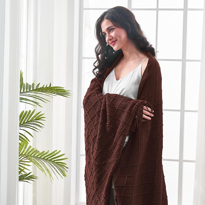 inhand Diamond Brown Knitted Throw Blanket for Couch and Bed, 50"x60" | Soft Cozy Knit Blanket with Tassel, Lightweight Decorative Blankets and Throws, Farmhouse Warm Woven for Men and Women