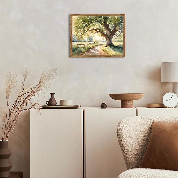 Framed Vintage Tree Landscape Wall Art, Watercolor Country Road Nature Wall Decor Paintings, Rustic Countryside Pictures Canvas Prints Aesthetic Home Decor for Living Room Bedroom Bathroom 8x10 inch