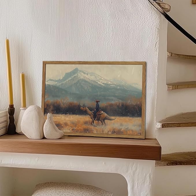 Vintage Dinosaur Cowboy Wall Art, Funny Western Jurassic Wall Decor Painting Spooky Cowboy Riding Dinosaur Poster Canvas Prints for Bedroom Farmhouse Living Room 12x16 inch Wood Framed