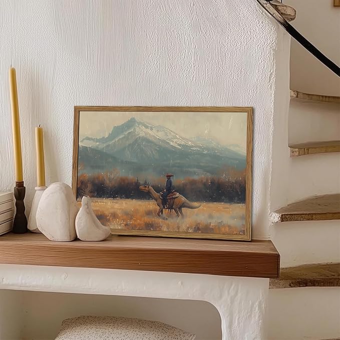 Vintage Dinosaur Cowboy Wall Art, Funny Western Jurassic Wall Decor Painting Spooky Cowboy Riding Dinosaur Poster Canvas Prints for Bedroom Farmhouse Living Room 16x24 inch Wood Framed