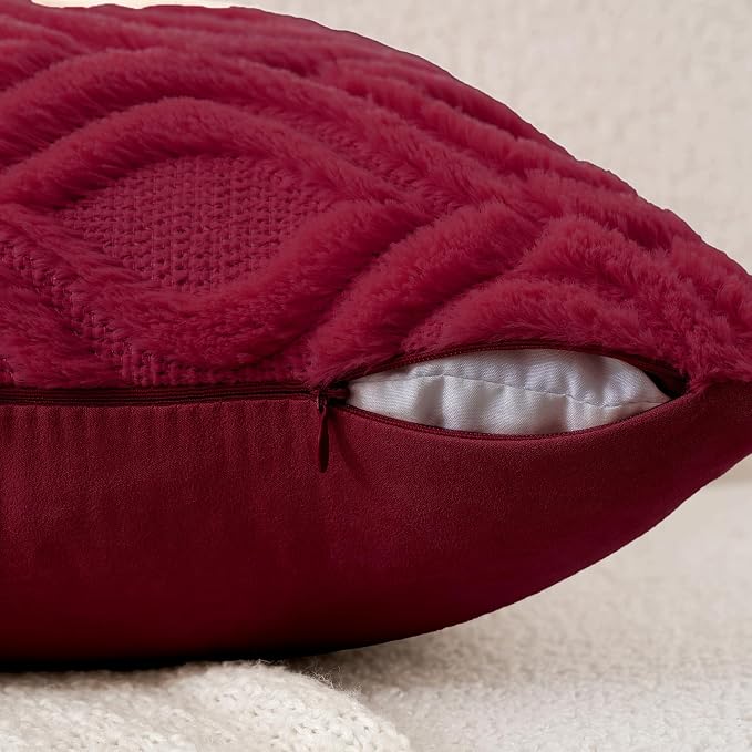 MIULEE Christmas Wine Red Plush Faux Wool Lumbar Throw Pillow Covers 12x20 | Set of 2, Farmhouse Boho Home Decor, Decorative Cushion Covers for Sofa, Living Room, Bed