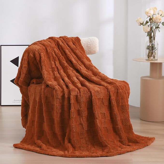 Burnt Orange Fleece Throw Blanket 50”×60”Checkered Design for Sofa | Super Soft Cozy Plush Microfiber 3D Square Pattern Flannel Blanket for Couch bed Lightweight for Adults,Women
