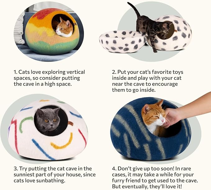 Cat Cave - Merino Wool Bed for Indoor Cats (Snow Leopard, Medium) | Cat Bed Enclosure, Premium Felt, Handmade, Super Soft, Lightweight, Breathable, Adjustable Shape