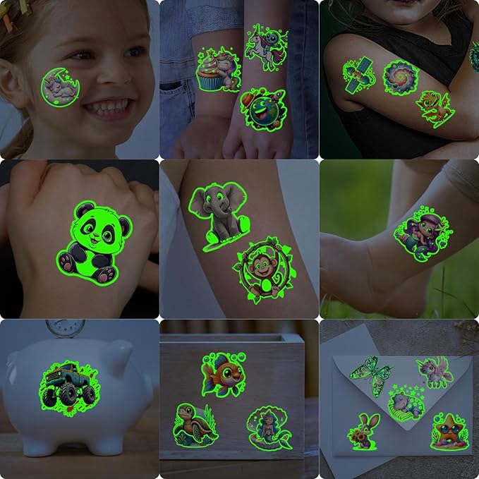 Luminous Temporary Tattoo for Kids, Mixed Styles Glow Fake Tattoos Stickers with Mermaid Truck Racing Car Dinosaur Dolphin Shark Space for Girls Boy Body Arm Party Makeup Supplies Gifts, 117PCS