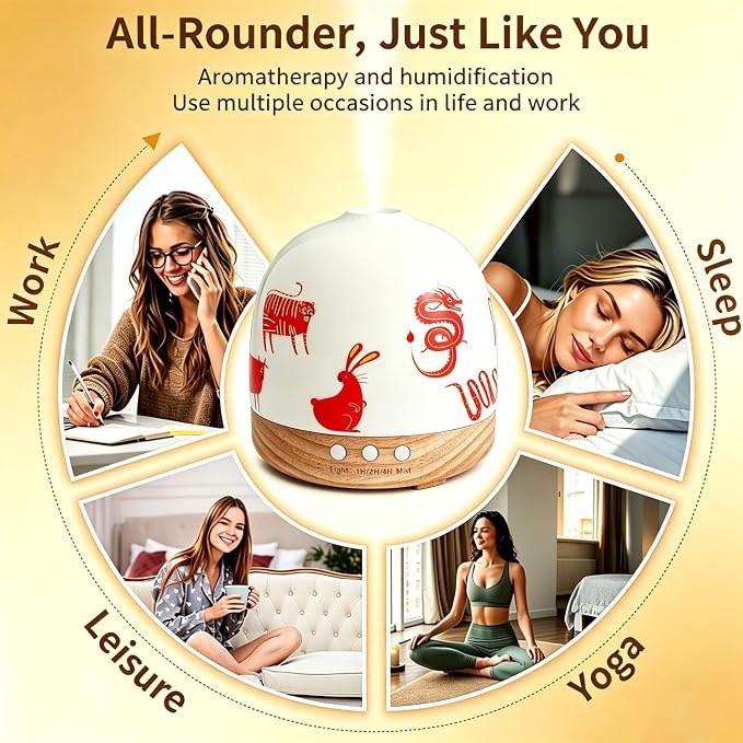 Ceramic Diffuser - 300ML Essential Oil Diffuser,Cute Porcelain Design, Quiet Cool Mist, 4 Timer Modes, Auto Shut-Off, Night Light for Bedroom and Home