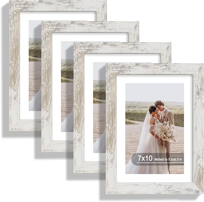 Hongkee 7x10 Picture Frame Set of 4, Made of Real Glass and Distressed White Frame - Display 5.5 x 8.5 Diploma Frame with Mat or 7x10 Without Mat, 7 by 10 Photo for Wall or Tabletop
