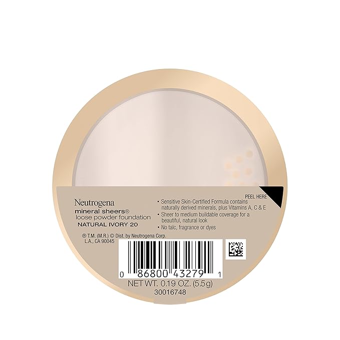 Neutrogena Mineral Sheers Loose Powder Makeup Foundation Lightweight Face Makeup Sheer to Medium Buildable Coverage-Sensitive Skin Foundation with Vitamin A, C, & E, Natural Ivory 20,19 oz (Pack of 2)