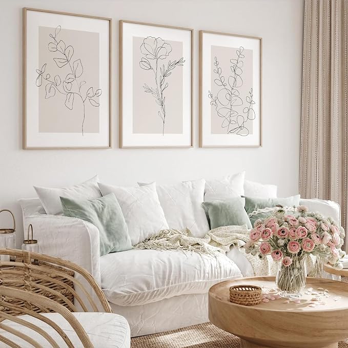 Neutral Botanical Prints Wall Art Flower Minimalist Canvas Wall Decor Vintage Line Wall Art Floral Plant Painting Pictures Beige Boho Artwork Farmhouse Poster for Bedroom 24x36 Inch Unframed Set of 3