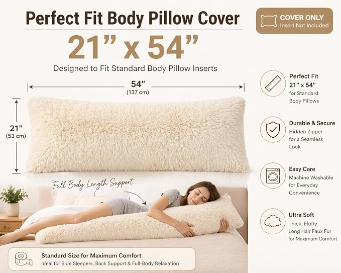 Reafort Luxury Long Hair, PV Fur, Faux Fur Body Pillow Cover/Case 21inx54in with Hidden Zipper Closure (Cream, 21inX 54in Pillow Cover) | Ultra-soft long hair faux fur with a hidden zipper offers luxurious comfort and is machine washable for easy care.