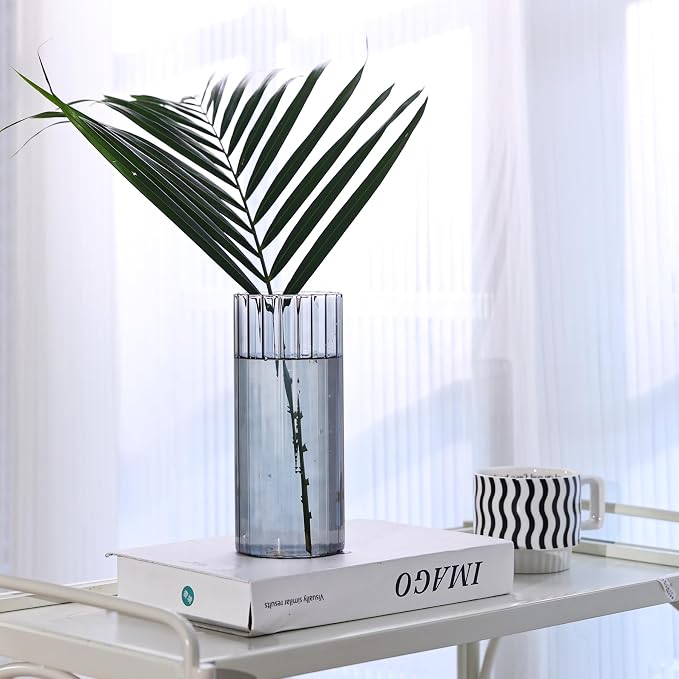 ComSaf Glass Cylinder Vase 8 Inch Tall, Grey Ribbed Decor for Centerpieces | Decorative Flower Vase, Hurricane Floating Candle Holder, Wedding Decor, Reception Table, Home Accent, Housewarming Gift
