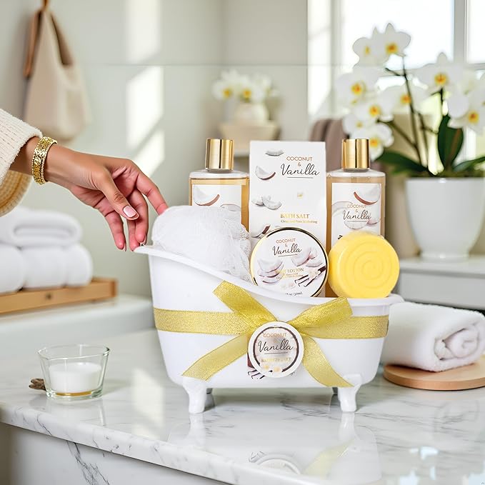 Mothers Day Gifts for Women and Men - 8-Piece Bath Kit Coconut Vanilla Bath & Body Gift Set for Women Self Care Spa Gift Baskets | Perfect Gifts for Mom, Birthday Gift, All Occasion Holiday Present