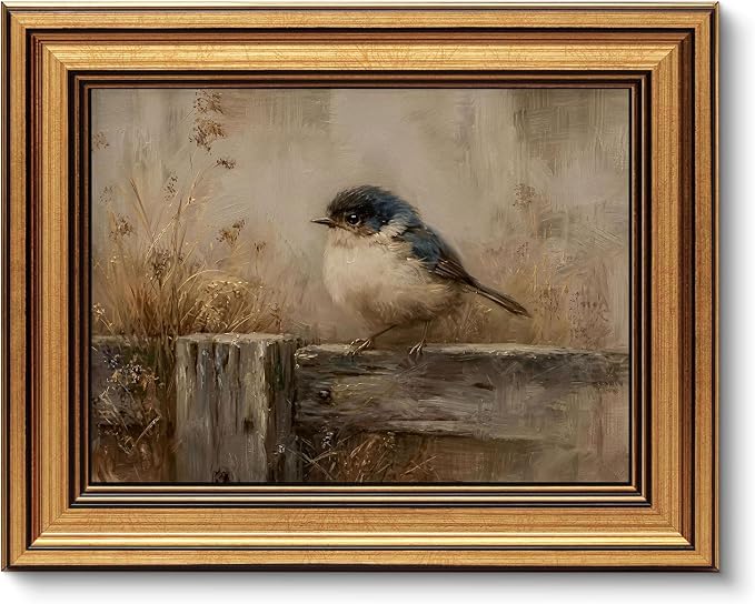 Gold Framed Wall Art, Rustic Nature Bird Canvas Prints, Neutral Farmhouse Bird Picture Wall Decor, Vintage Country Cottagecore Artwork for Living Room Bedroom 12x16 inch