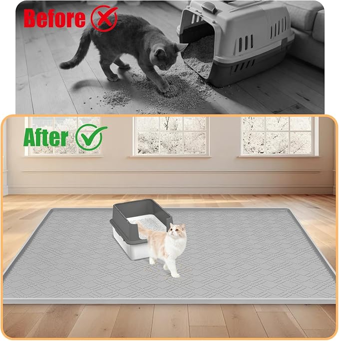 Silicone Cat Litter Mat 42" x 29" Cat Mat for Litter Box, Light Grey | Extra Large Cat Litter Trapping Mat for Floor, Waterproof, Non-Slip Kitty Litter Box Mat with Raised Edge, Easy to Clean