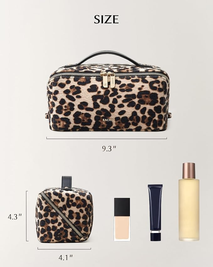 EACHY Travel Makeup Bag, Large Capacity Cosmetic Bag for Women, Waterproof PU Leather, Flat Open Portable Toiletry Bag for Skincare, Brushes & Travel Essentials