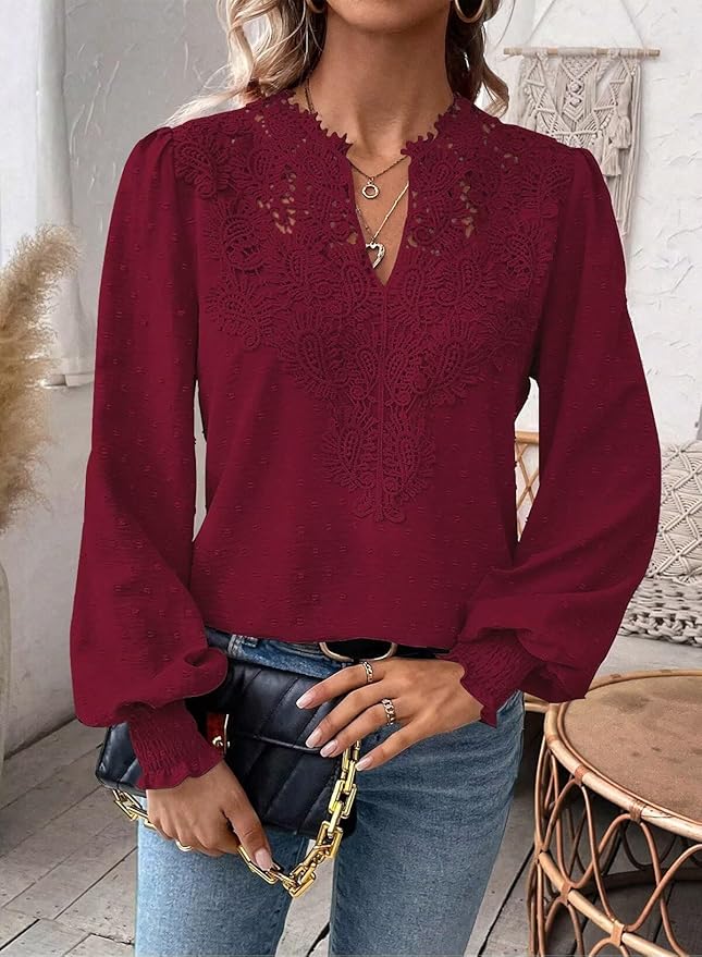 Womens Tops Swiss Dot Boho Long Sleeve Shirts V Neck Casual Chiffon Blouses Flowy Lace Hem Cute Clothing Trendy 2026