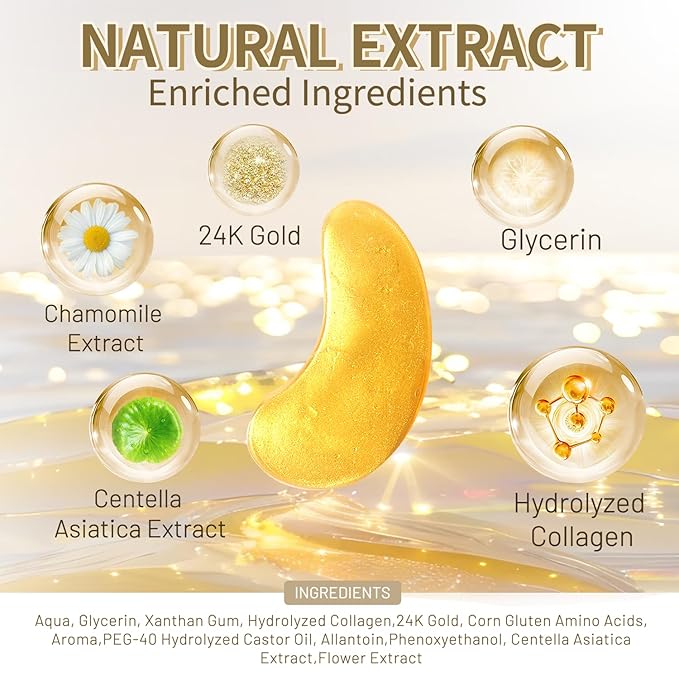 Hicream 24k Gold Under Eye Patches - 30 pair Eye Mask Pure Gold Anti-Aging Collagen Hyaluronic Acid Under Eye Mask for Dark Circles, Puffiness & Wrinkles Refresh Your Skin